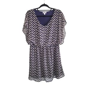 Charming Charlie Blue & Tan Geometric Print Flowy Cap Sleeve Mini Dress Size L